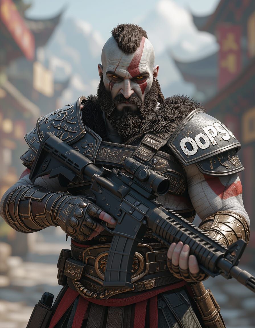 Kratos in Updated Armor with M4 Carbine: 3D Anime Art