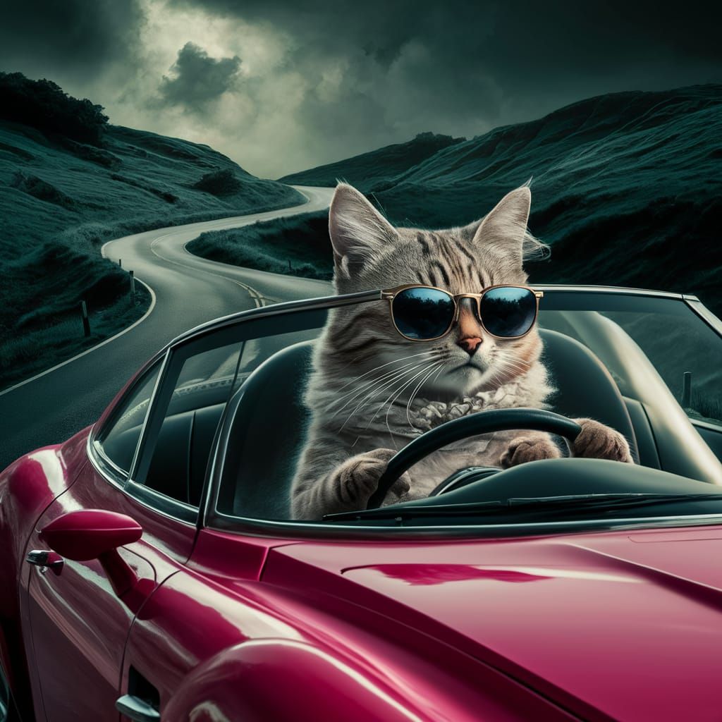 Cat in Sunglasses Driving Pink Car: Hyperrealistic Image