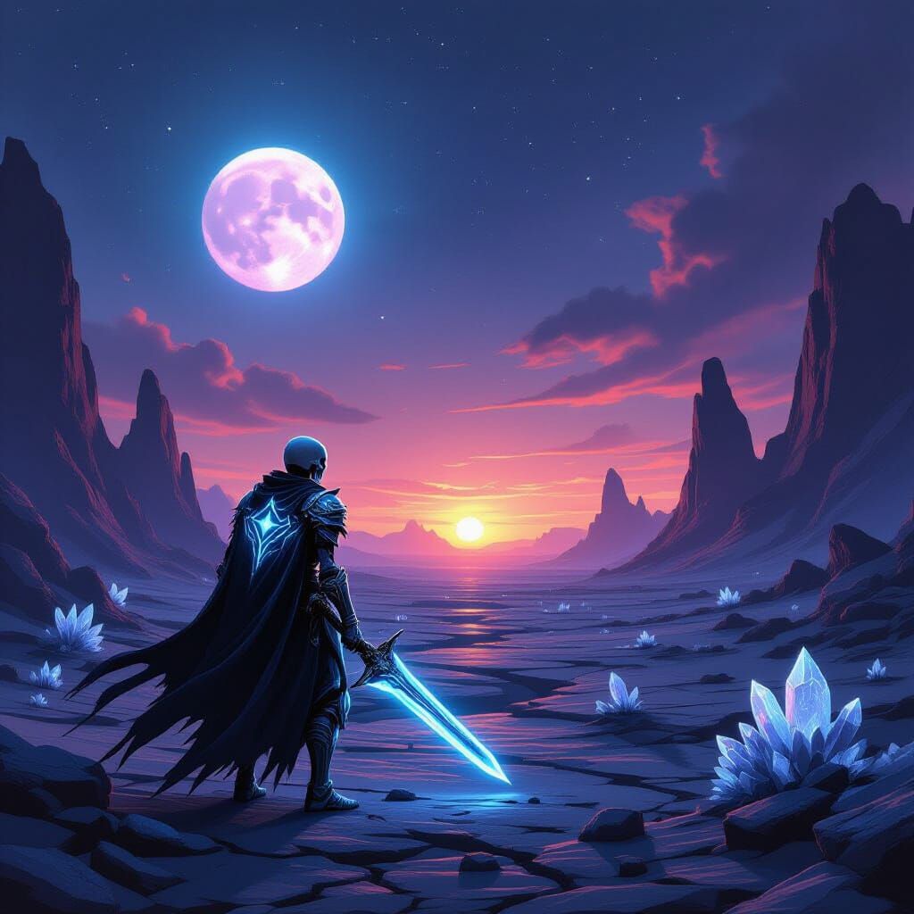 Skeleton Warrior on Alien Planet Under Binary Sunset