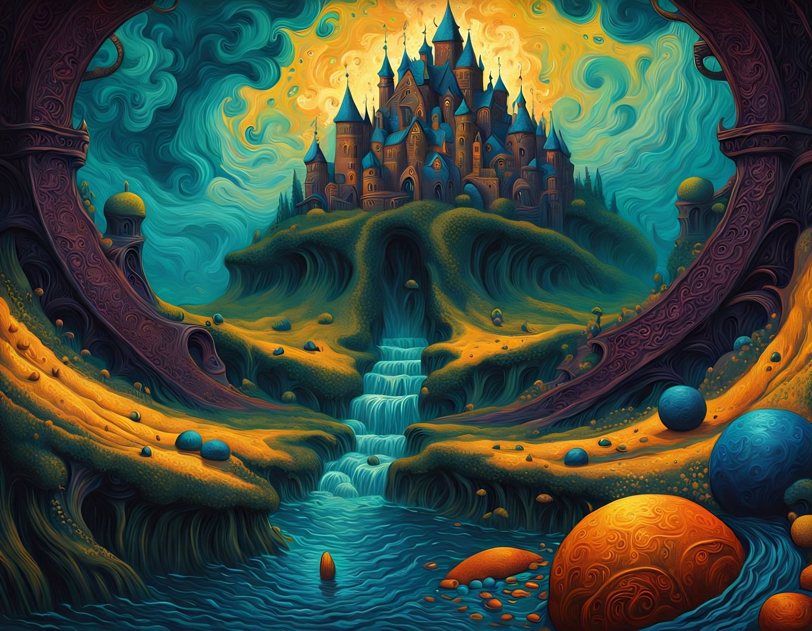 Fantastical Waterfall Portal in Expressive Oil Painting Styl...