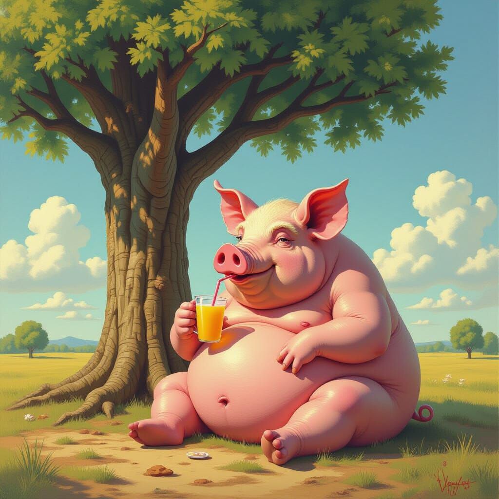Surreal Ancient Pig Enjoys Lemonade Under Tree in Dali Style