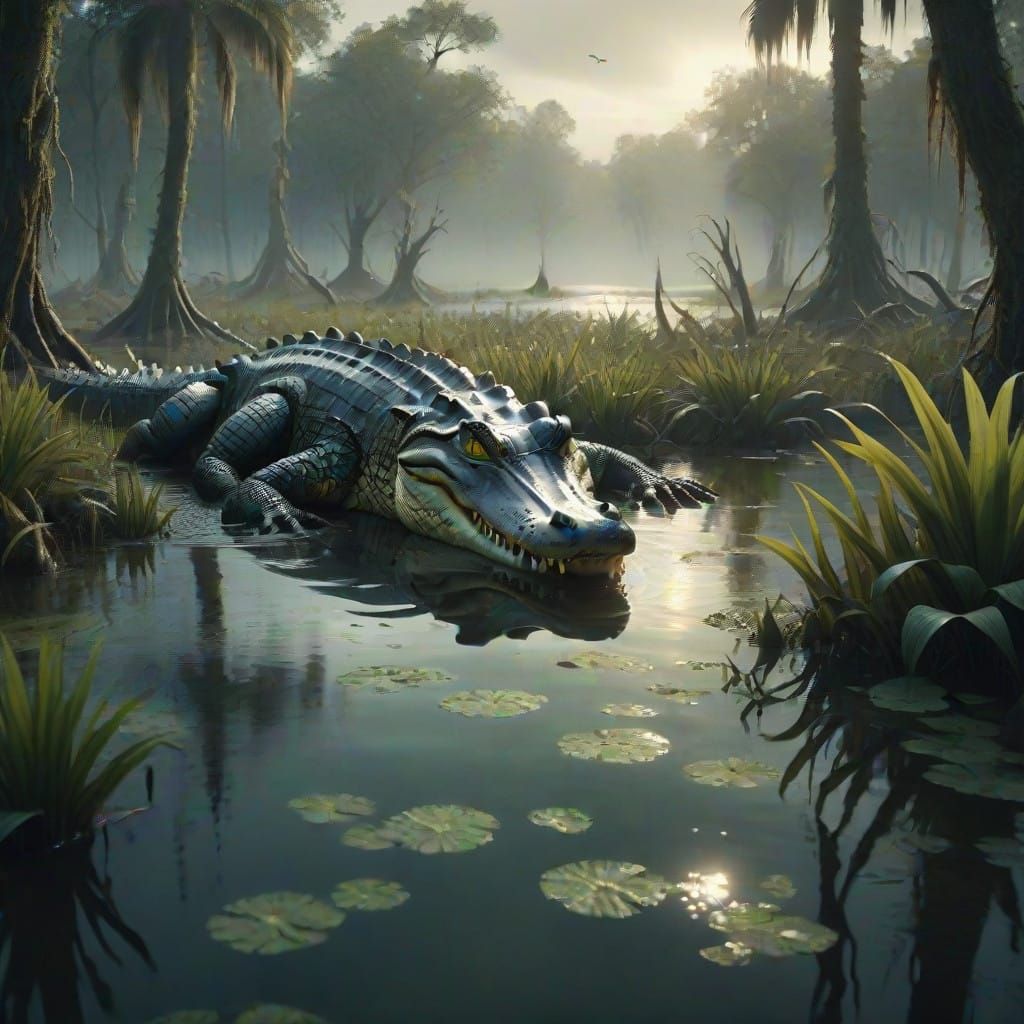 Epic Alligator Meets Dramatic Swamp in Cinematic Digital Art