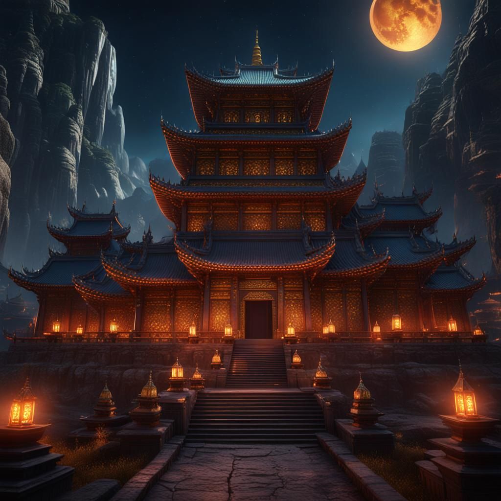Grand Temple at Night with Monks: Fantasy Art