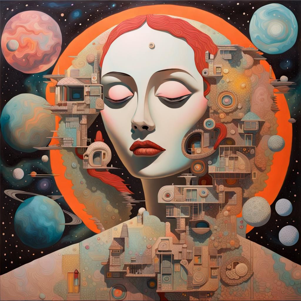 Retrofuturist Family Dwelling in Outer Space Painting