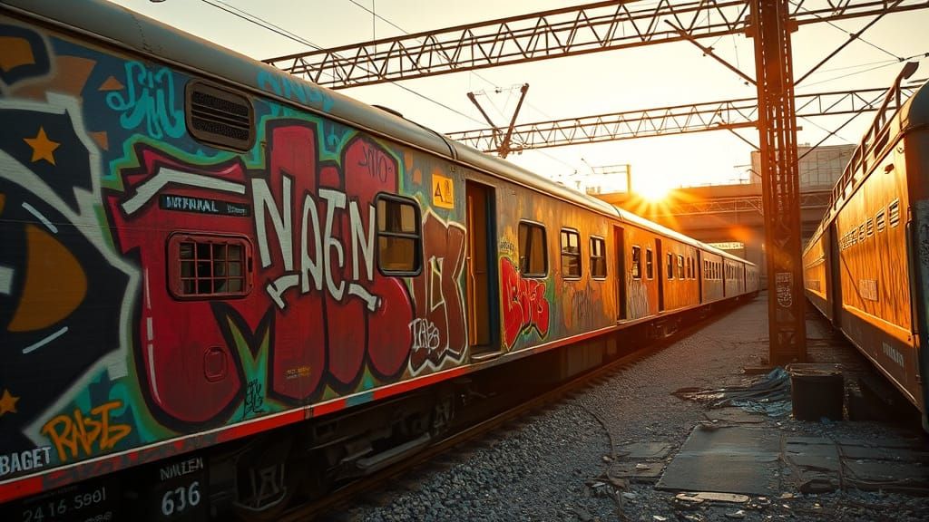 Graffiti Train in Golden Sunlight: Photorealistic Urban Art