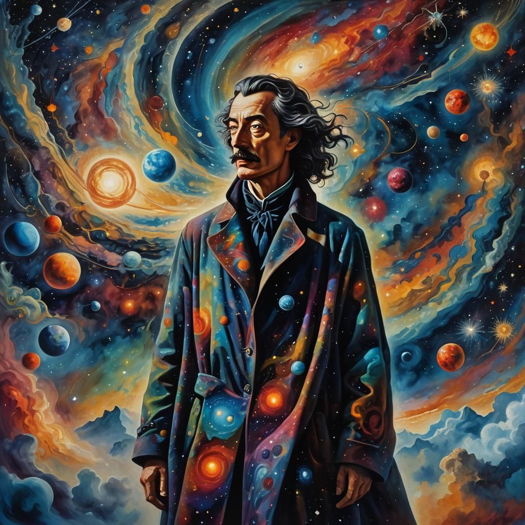 Surreal Figure Amidst Swirling Galaxies