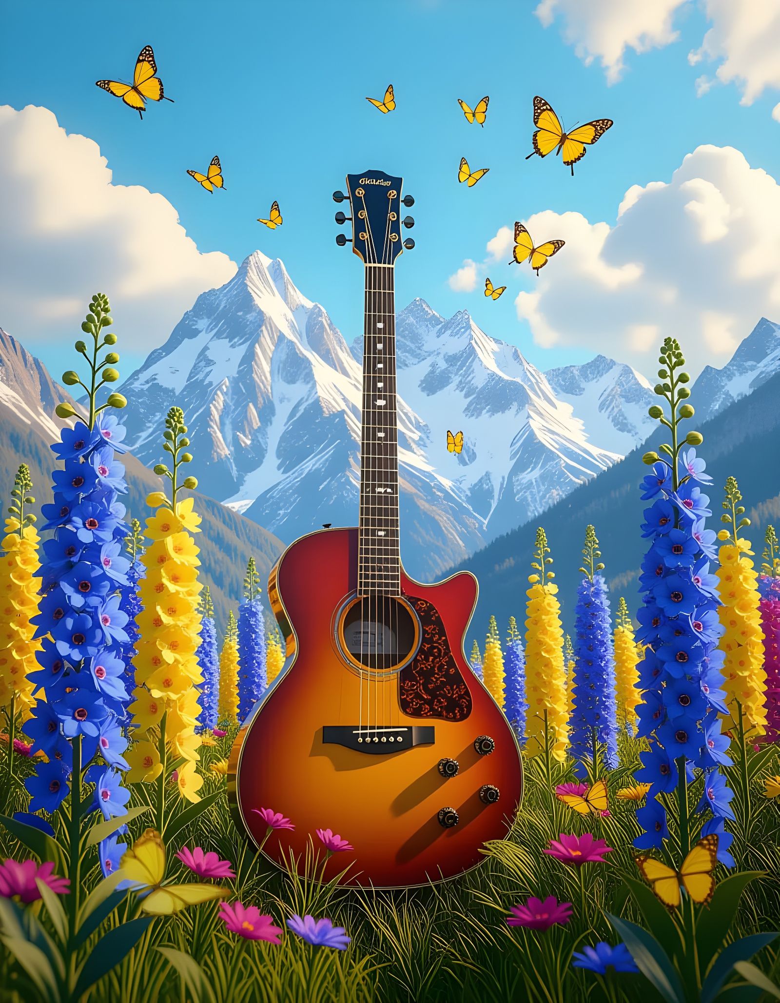 Surreal Mountain Landscape with Musical Butterflies