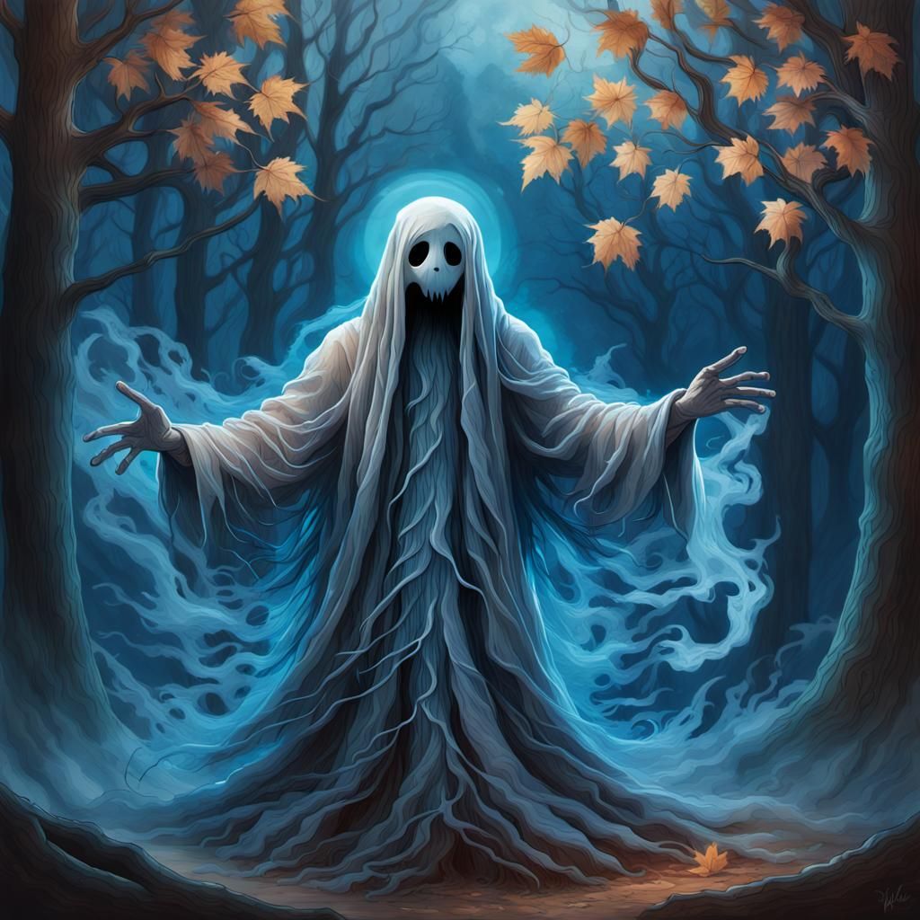 Ethereal Ghost Floats in Forest: Pyrography Concept Art