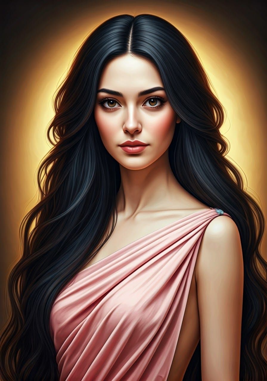 Ethereal Beauty in Soft Pink Gown with Raven Hair