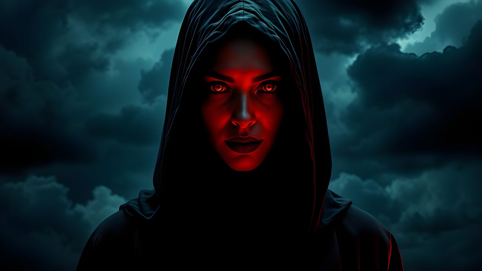 Cyberpunk Woman in Red Glowing Eyes, Black Clouds