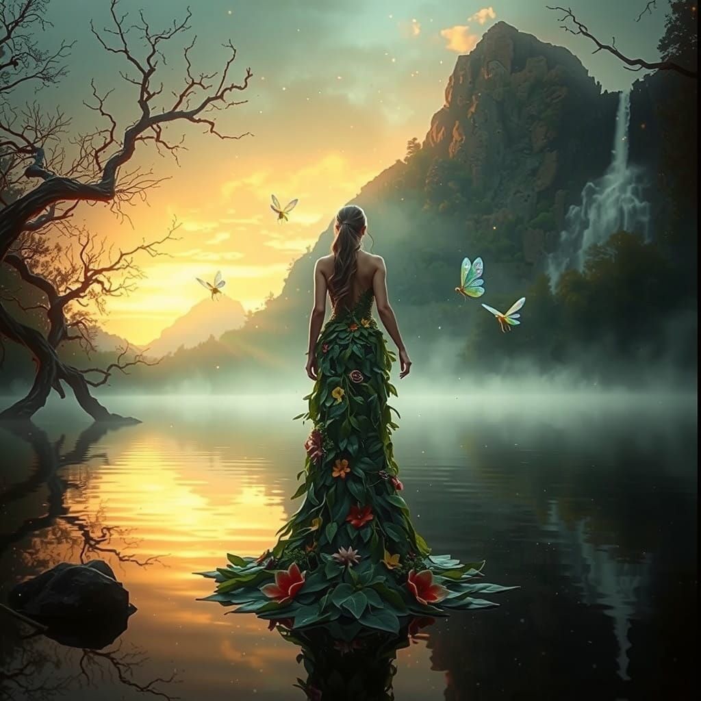 Ethereal Nature Goddess in Serene Landscape