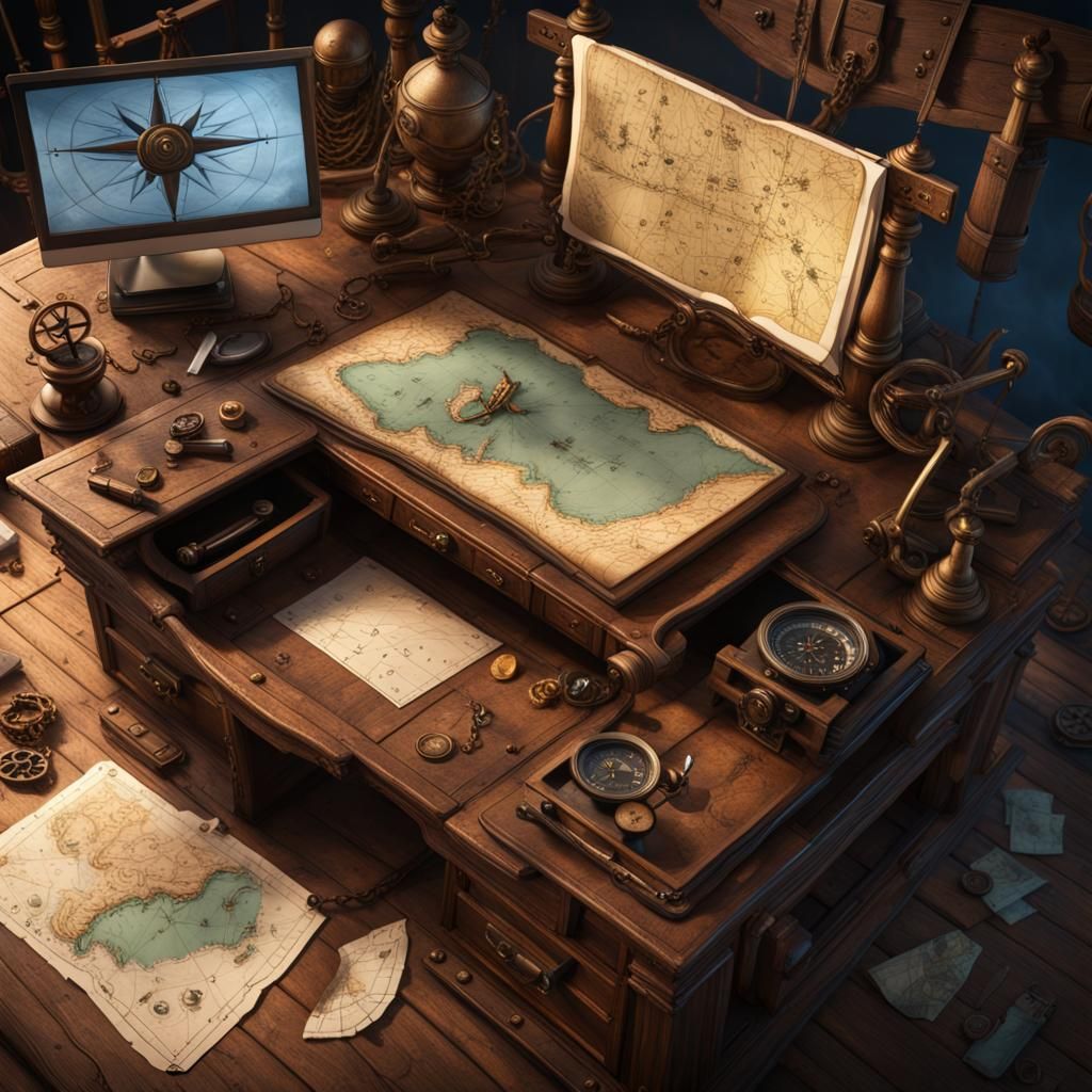 Pirate's Desk Overhead View in Detailed Matte Painting