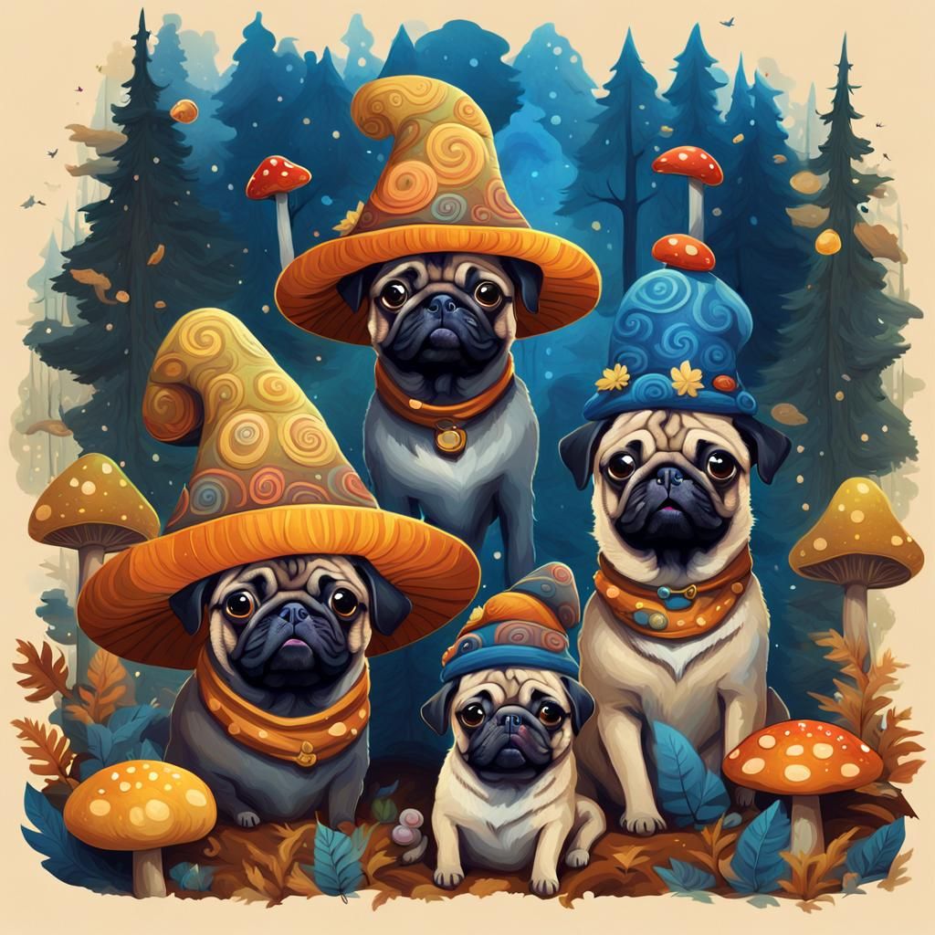 Pugs in Hats on Mushroom, Fantasy Art