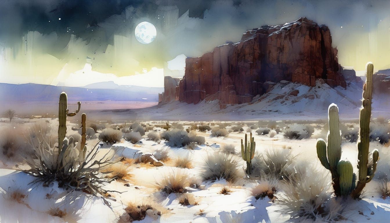 Winter Desert Moonlight Night Watercolor Painting