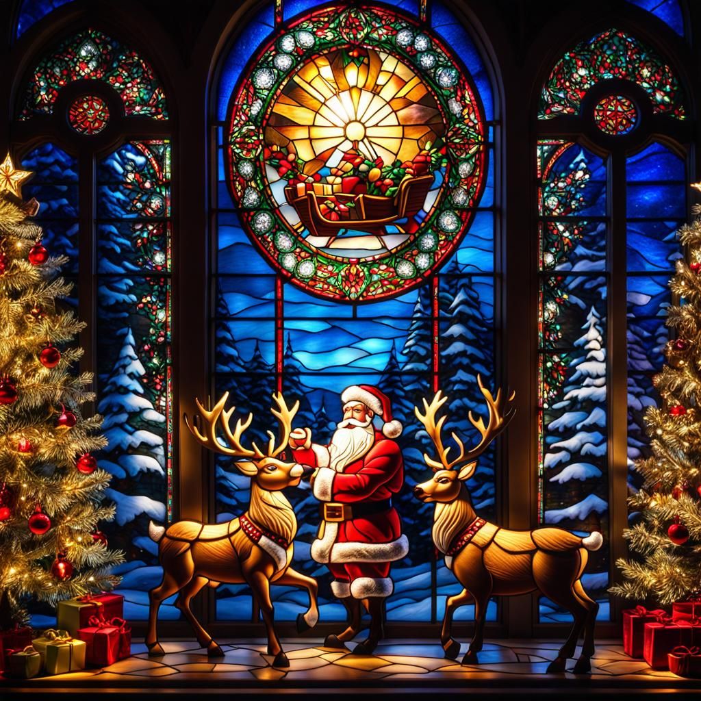 Festive Stained Glass Window with Santa and Reindeer