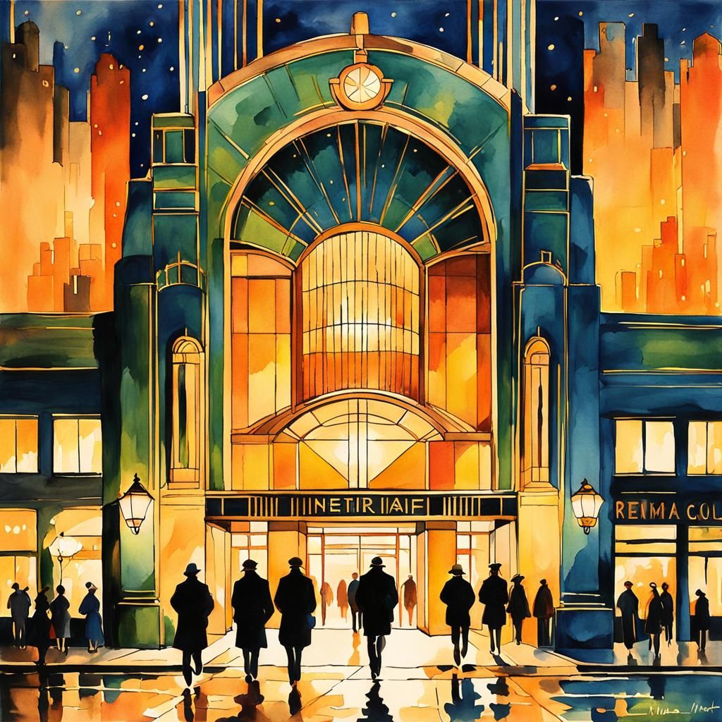 Art Deco Building at Night in Watercolor Style