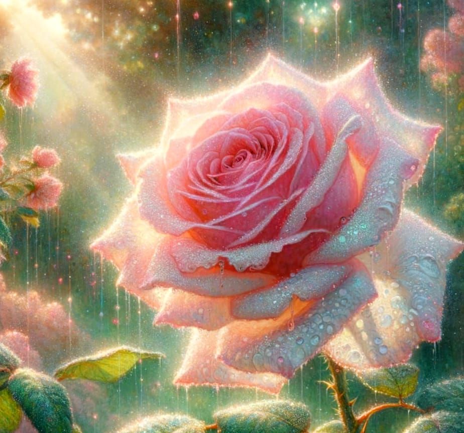 Dreamy Watercolor: Pink Rose in Rain-Kissed Garden