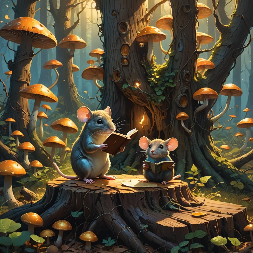 Whimsical Mouse Reader in Enchanted Forest
