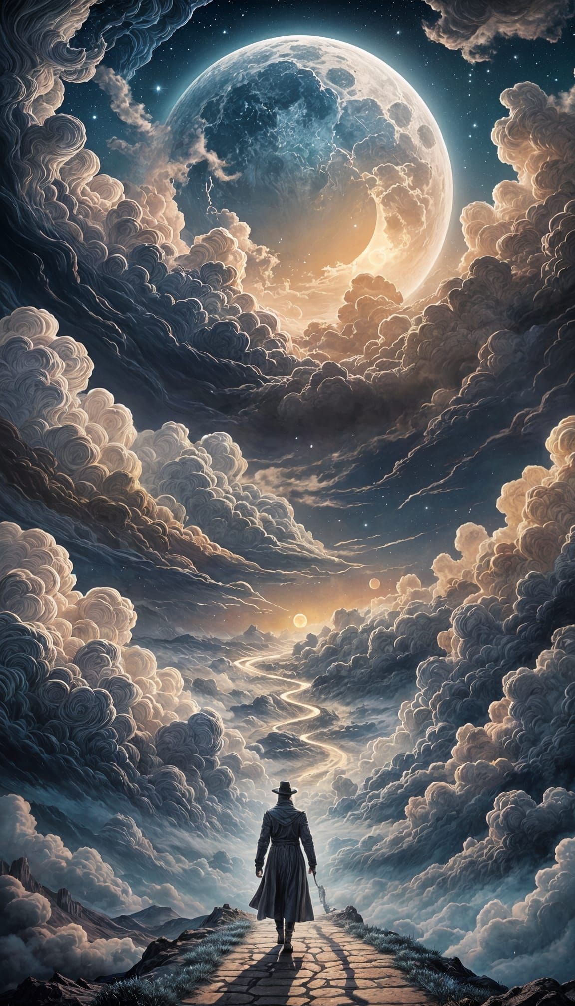 Surreal Cloudscape with Luminous Moon in Art Nouveau Style