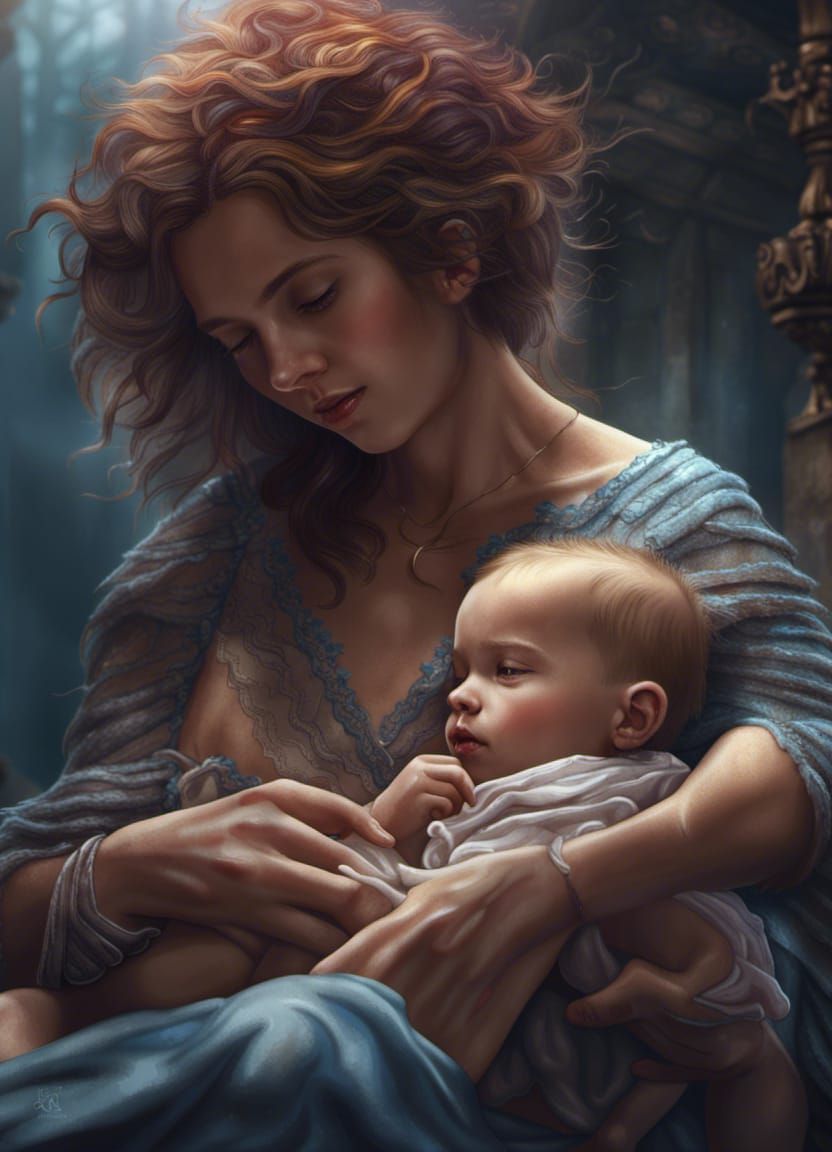 Beautiful Young Mother Breastfeeding: Fantasy Concept Art