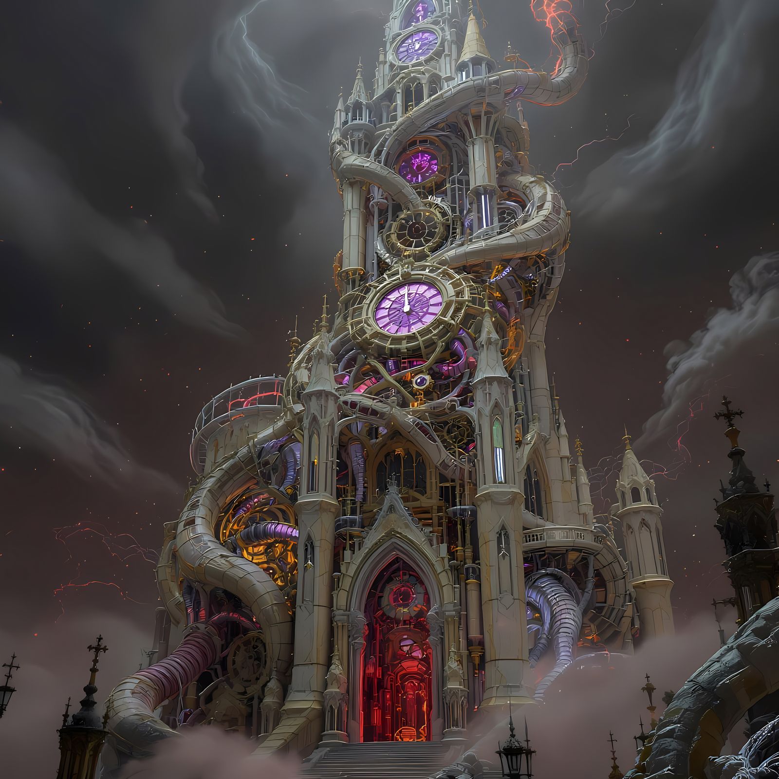 A towering clockwork machination of a steampunk castle stron...