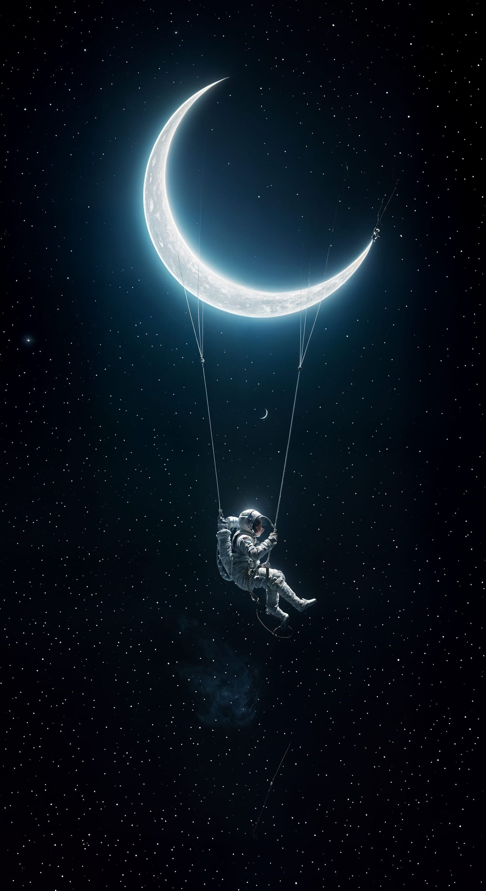 Astronaut Swings from Crescent Moon in Deep Space