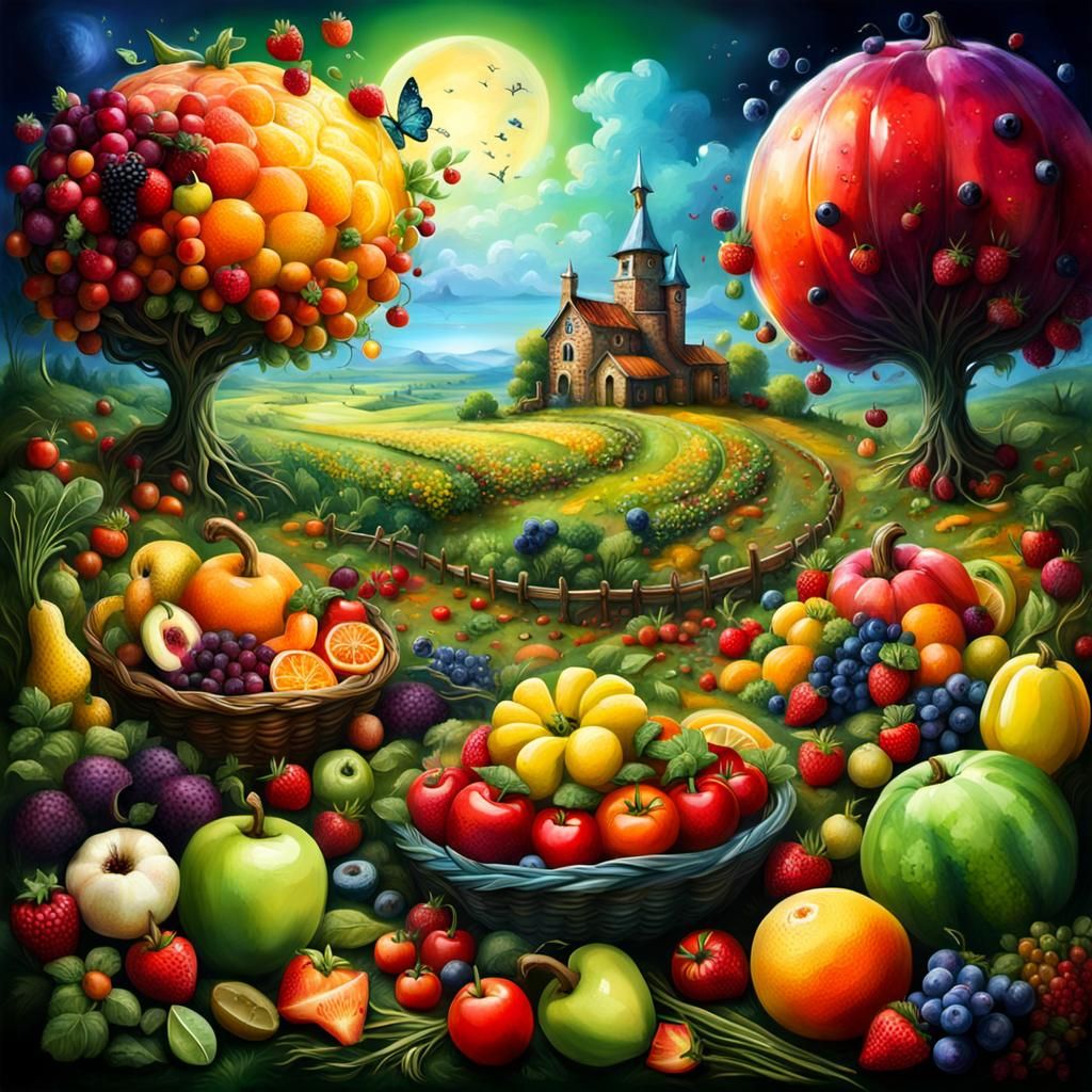 Surreal Foodcore Meadow Made of Fruits and Veggies