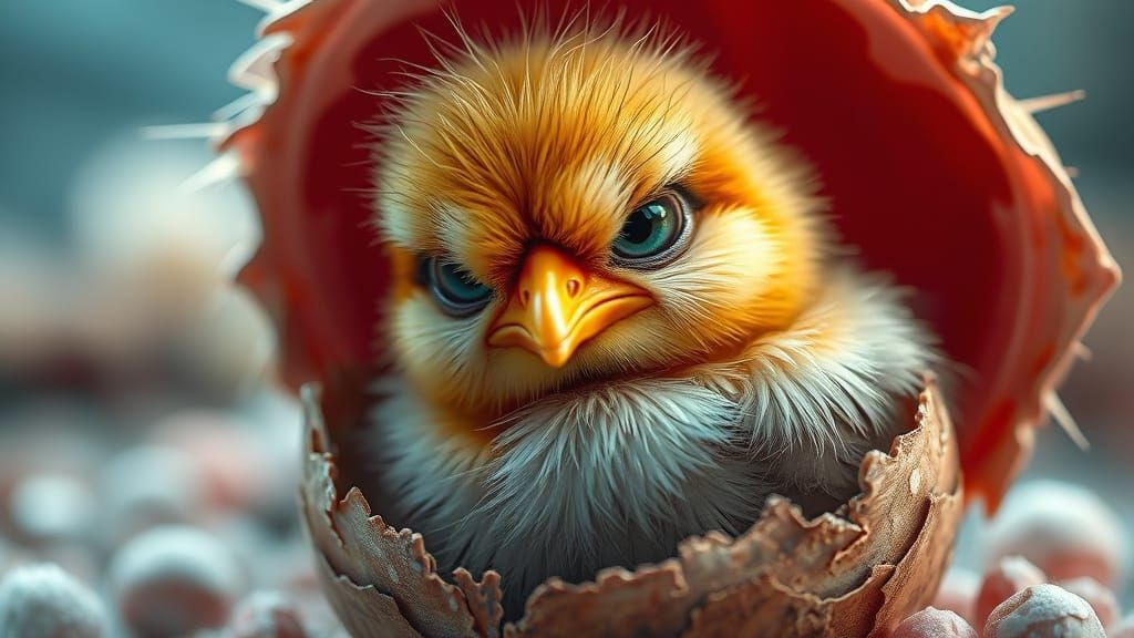 Grumpy Chick Hatching: Hyperrealistic Digital Illustration