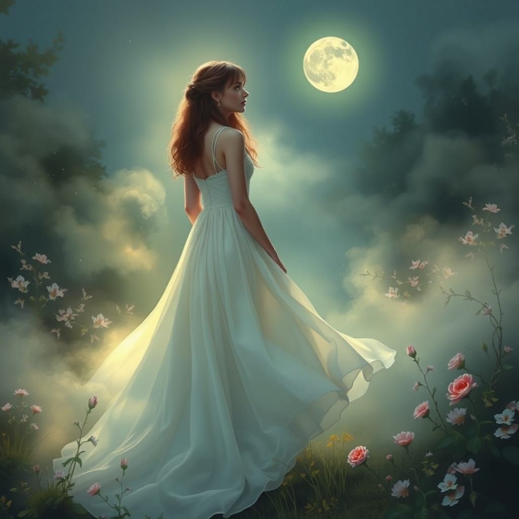 A Lonely Woman's Moonlit Lament in Dreamy, Ethereal Style