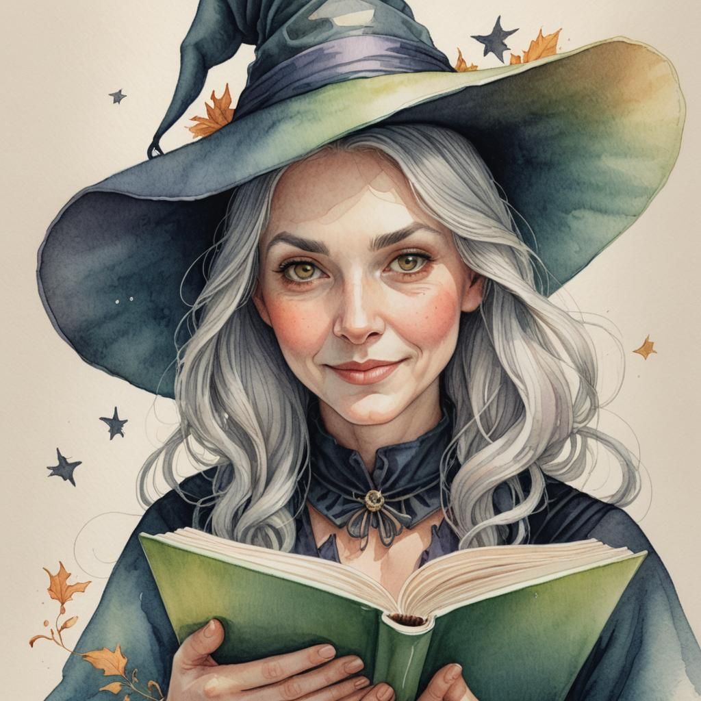 Cute Witch Reading Book in Colored Pencil Style