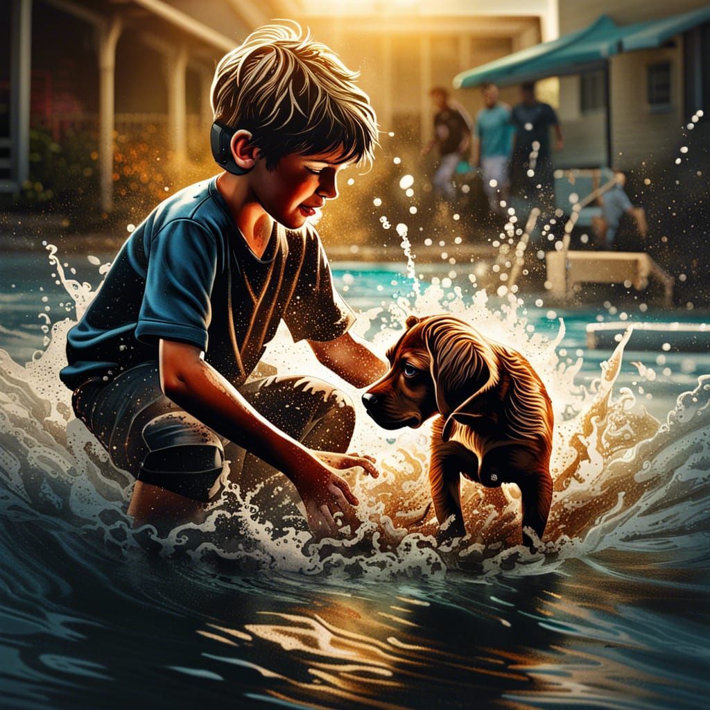 Boy and Puppy Playing in Water: Hyperrealistic Art