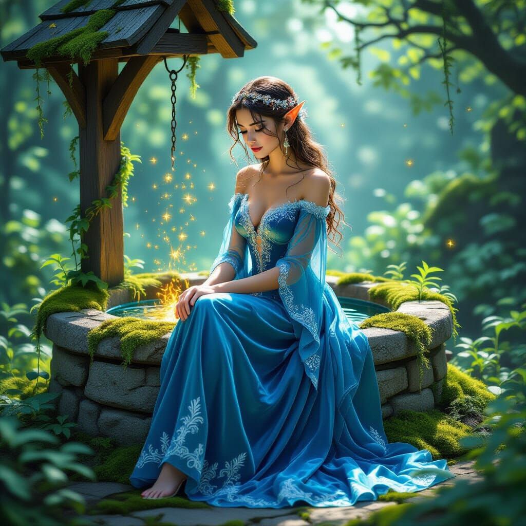 Enchanting Elf at Wishing Well, Fantasy Art