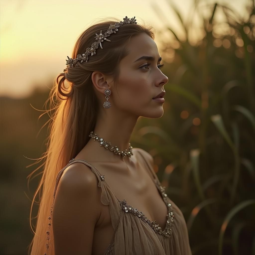 Ethereal Portrait of Sorrowful Woman in Golden Hour