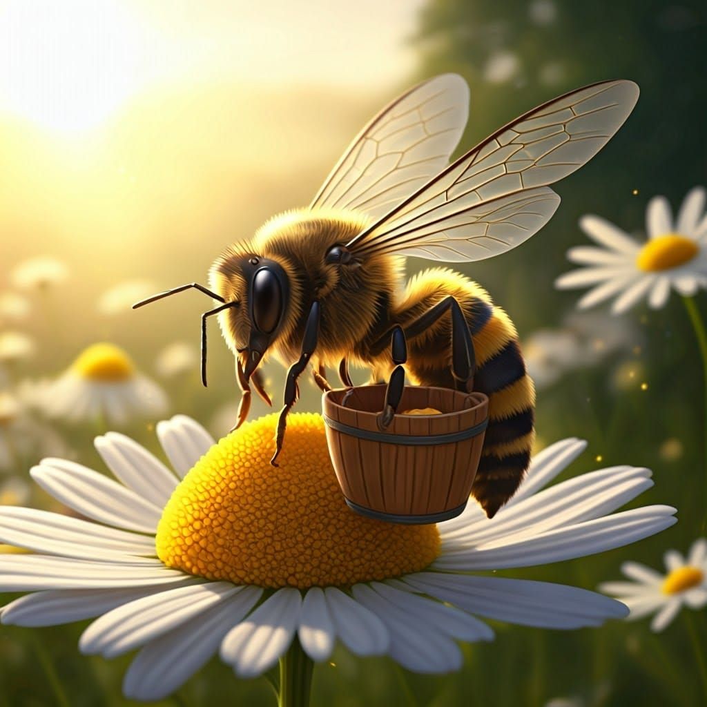 In vivid realistic colors: "A giant animated bee uses an oak...