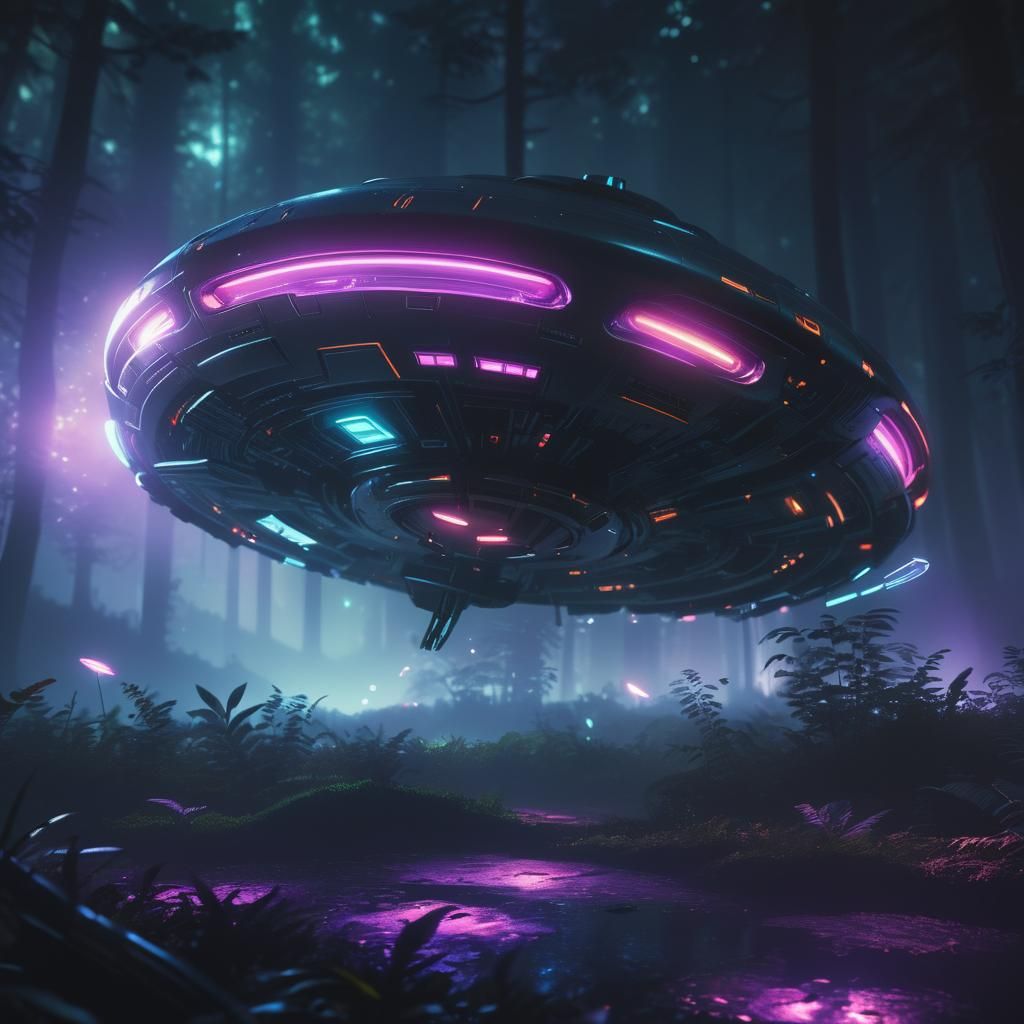 Metallic UFO Hovers Above Dark Forest, Sci-Fi Illustration