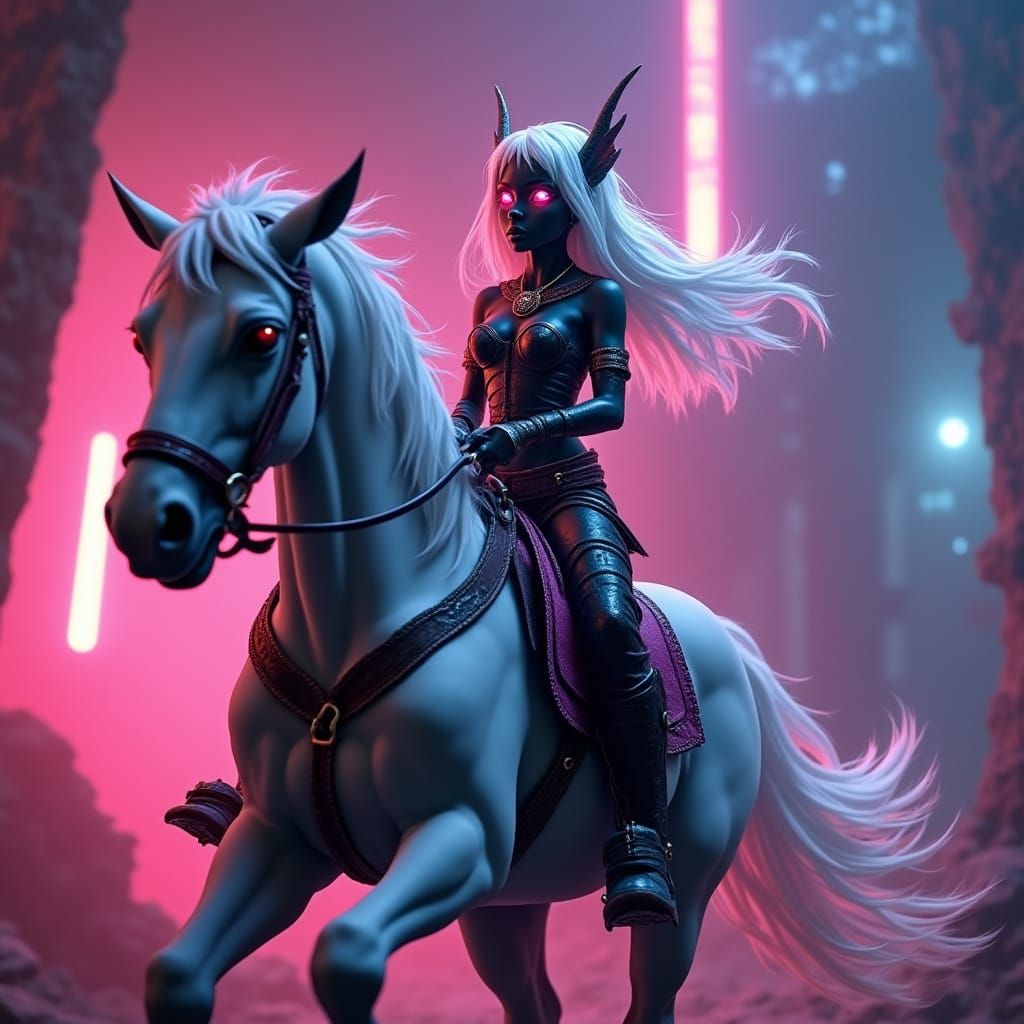 Dark Elf on Horse in a Fantasy Landscape