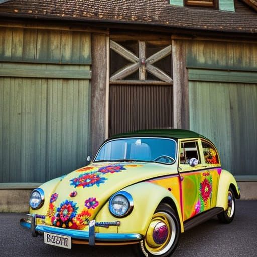 Flower Power VW Beetle in Psychedelic Art Style