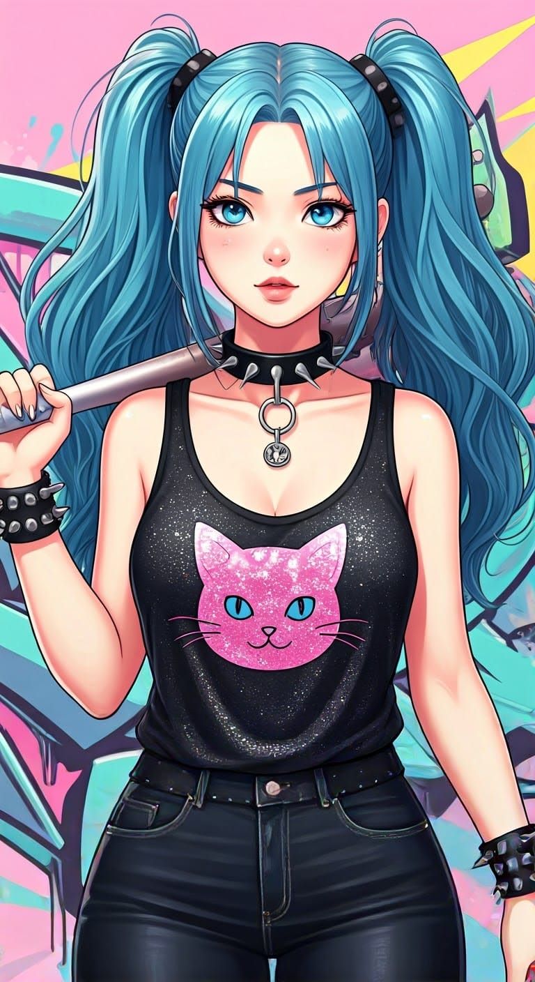 Anime-Style Korean Woman with Spiked Bat