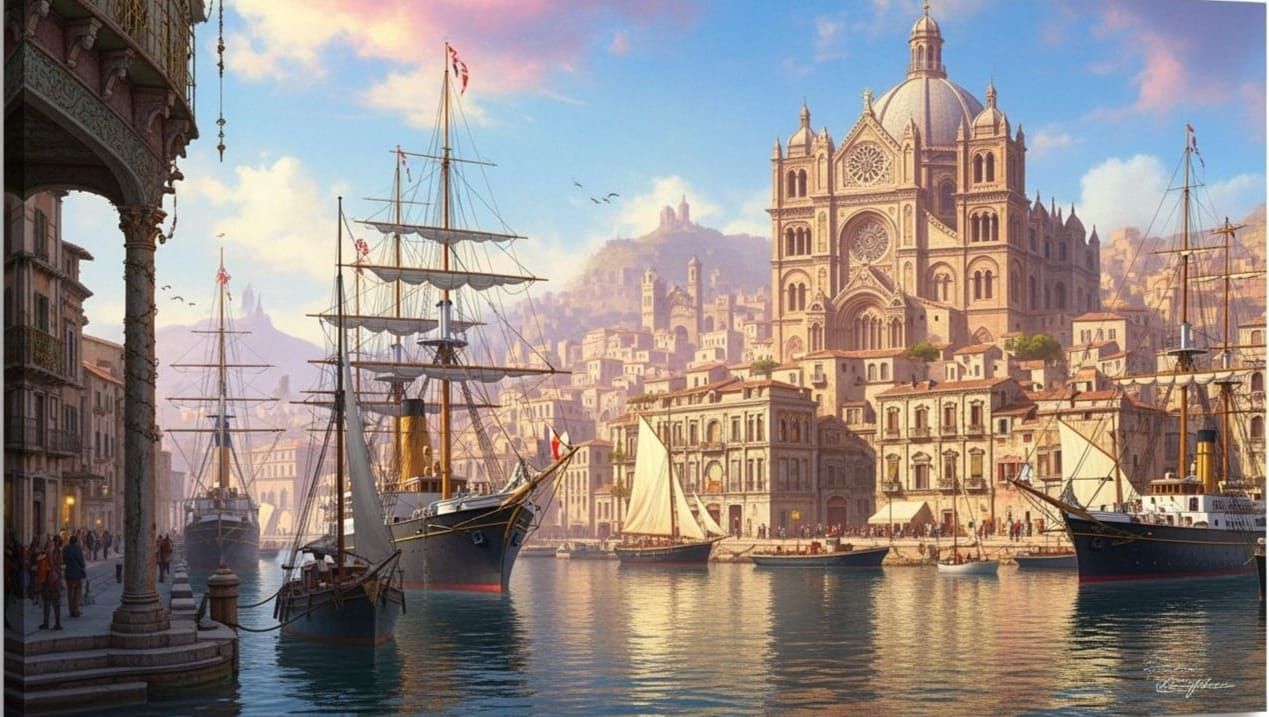Victorian Ships in Italian Harbor, Sunny Day