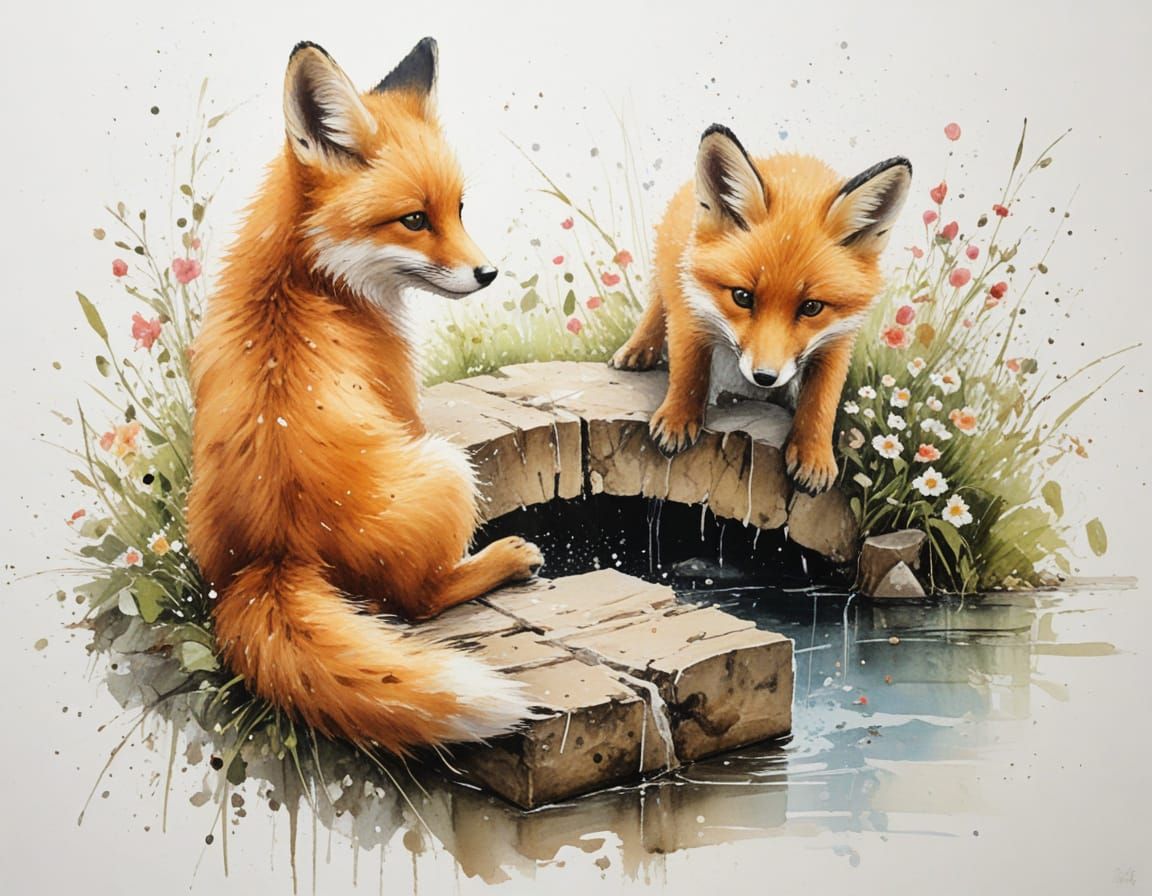 Playful Fox Cubs by Rustic Bridge in Spring Meadow