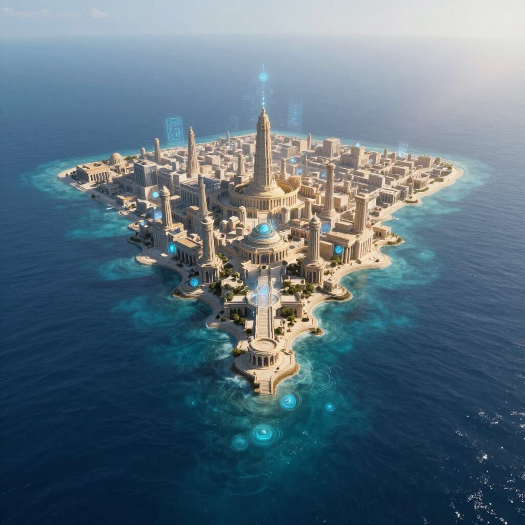 City at Four Oceans Confluence in Alien Greco-Roman Style