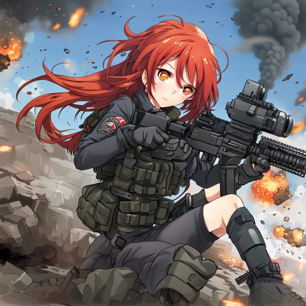 Anime Girl in Combat Gear Amidst Nuclear Explosion