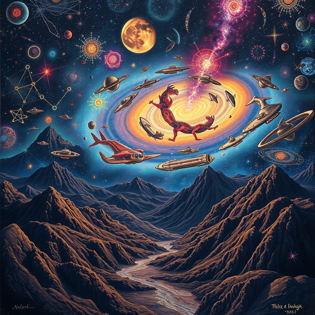 Cosmic Landscape in Mixed Media Style