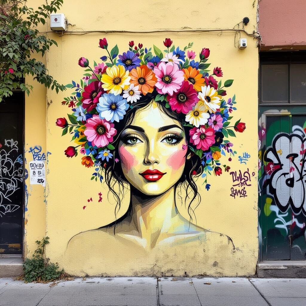 Floral Graffiti Portrait on Yellow Wall