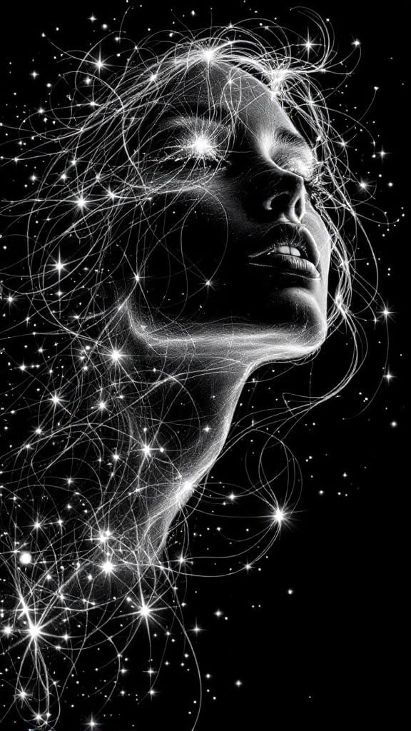 Ethereal Woman Portrait in Luminous Pencil Sketch Style