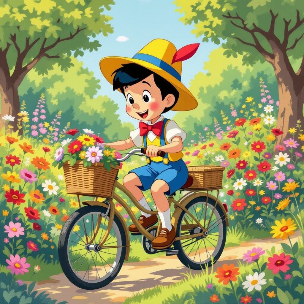 Whimsical Garden Scene with Pinocchio on Vintage Bicycle