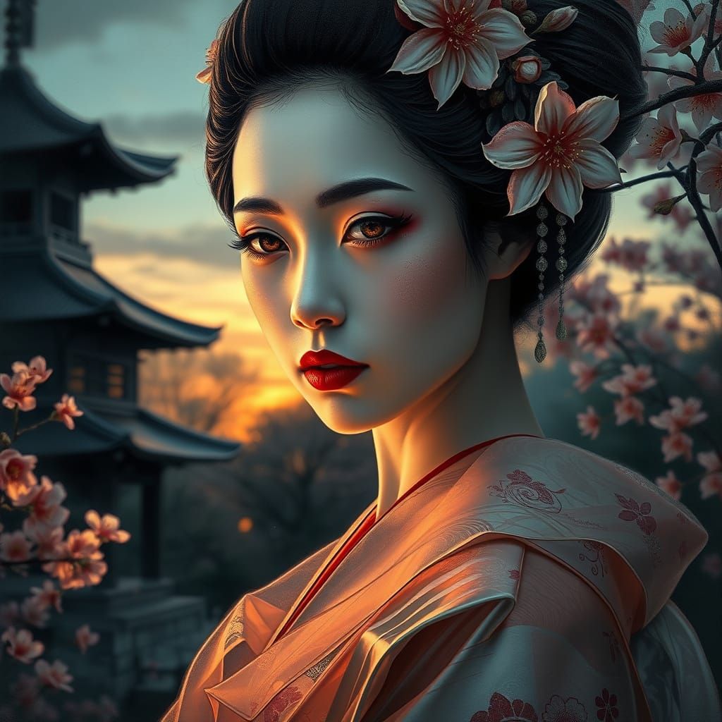 Ethereal Geisha Portrait in Impasto Wax Style