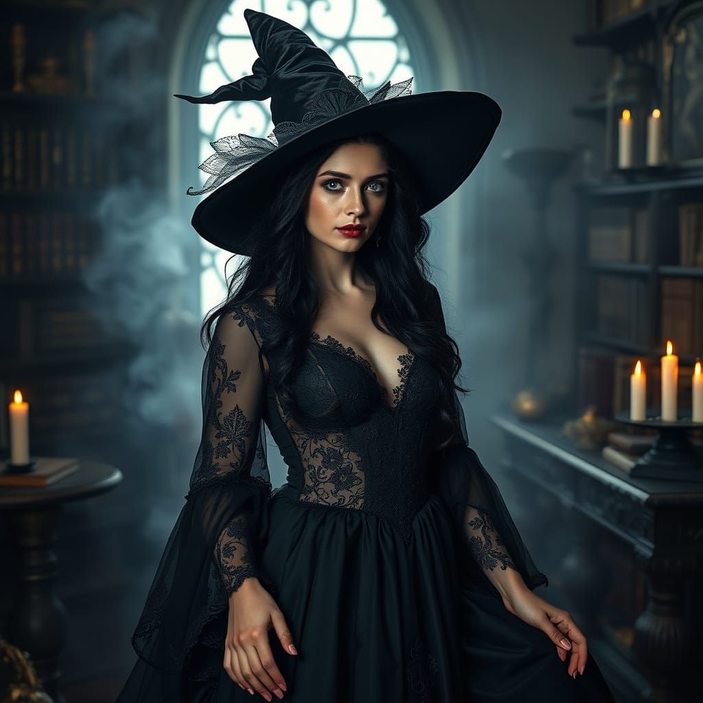 Ethereal Witch in Candlelit Chamber