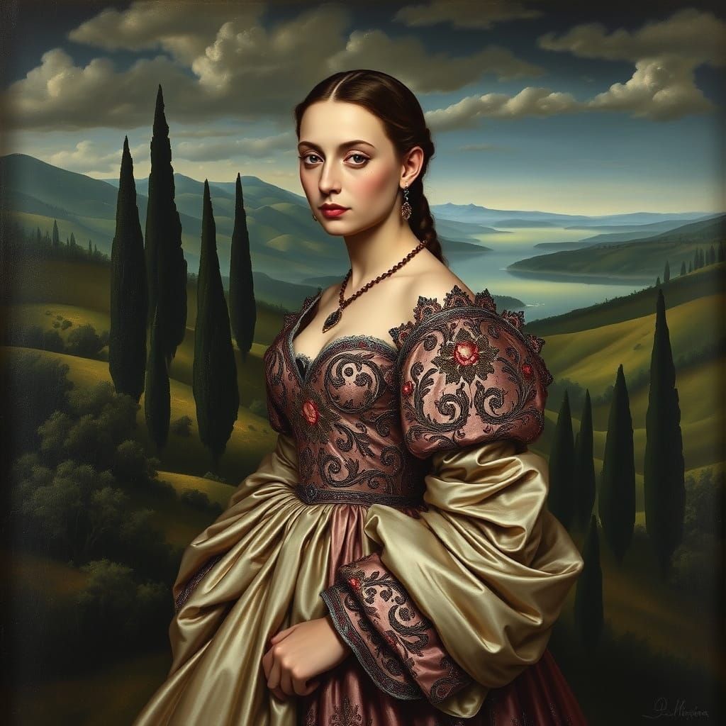 Elegant Woman in Dreamlike Landscape, in Mannerist Style