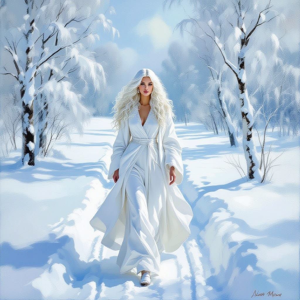 Ethereal Woman in White Amidst Surreal Snowy Landscape